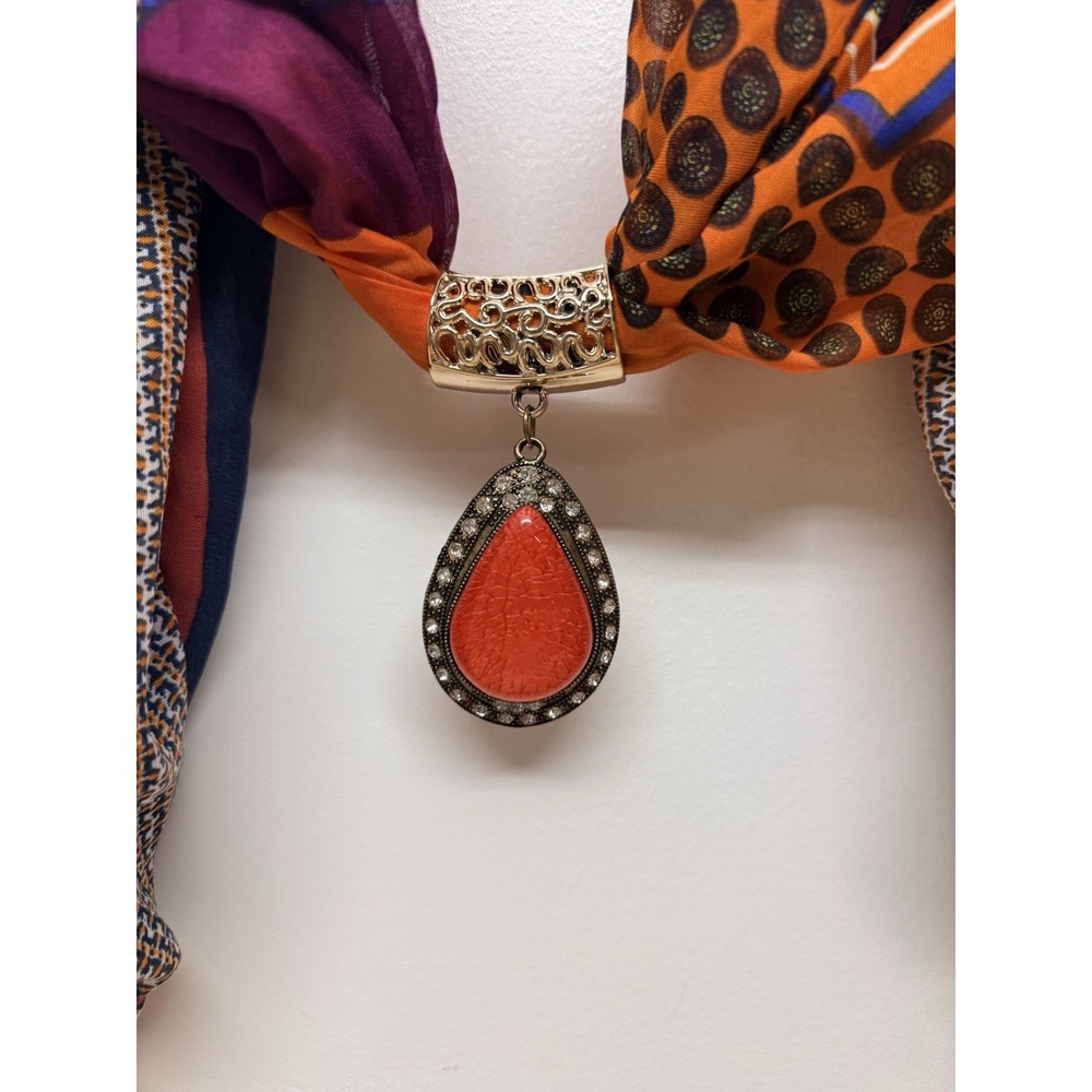 Women's Boho Scarf Necklace Orange Purple Jeweled Pendant Tassel Statement #64 - Picture 4 of 8